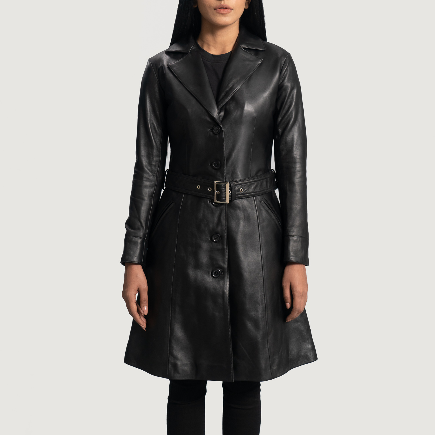 Womens Moonlight Black Leather Trench Coat Close Front-5-1664358230129